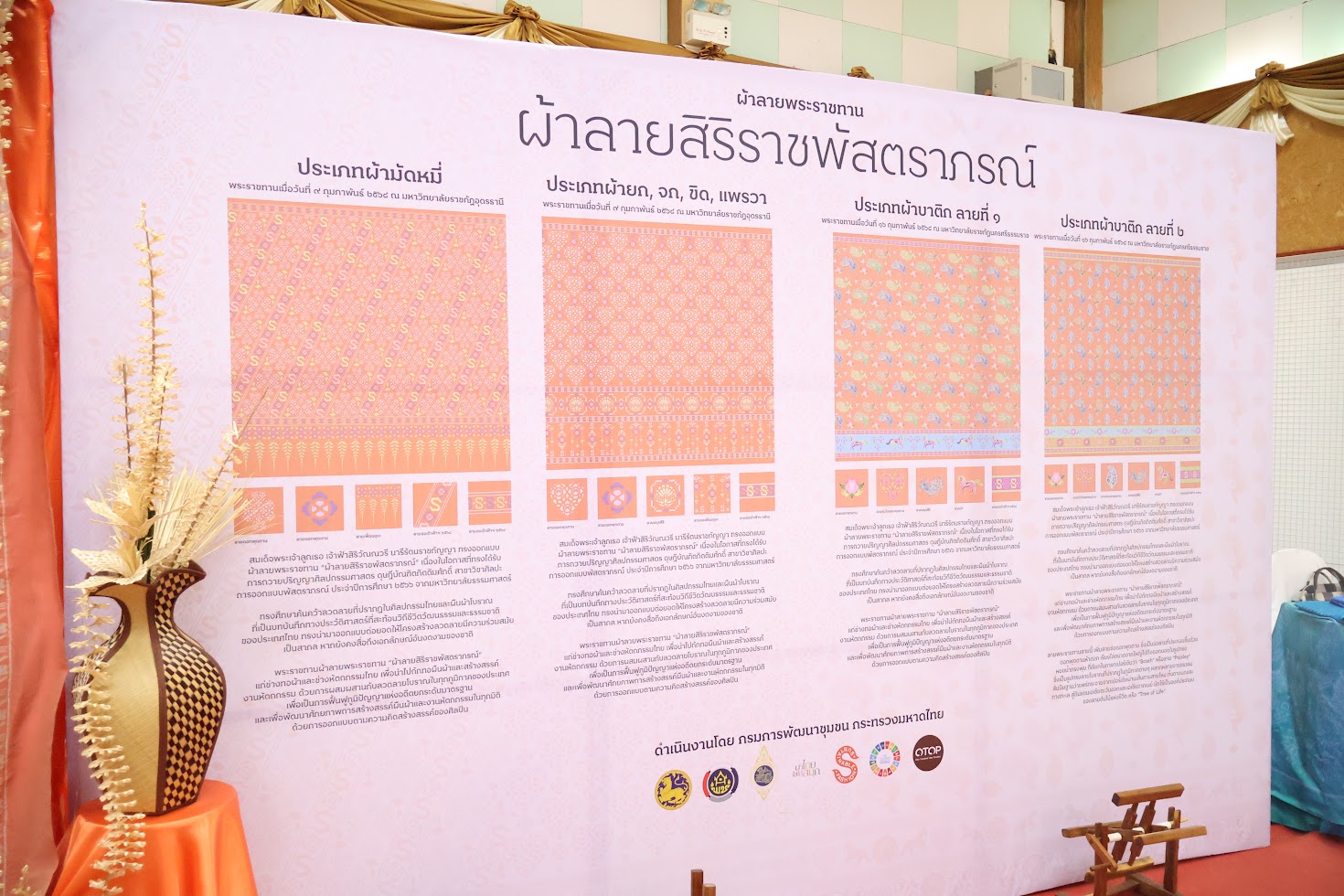 จังหวัดยโสธร โดยสำนักงานพัฒนาชุมชนจังหวัดยโสธร จัดพิธีมอบแบบลายผ้าพระราชทาน “ผ้าลายสิริราชพัสตราภรณ์” ให้กับหัวหน้าส่วนราชการจังหวัด นายอำเภอทุกอำเภอ และกลุ่มทอผ้า เพื่อนำไปเป็นต้นแบบและสร้างสรรค์ผลงาน โดยการพัฒนาต่อยอดตามอัตลักษณ์ภูมิปัญญาดั้งเดิมของชาวจังหวัดยโสธร